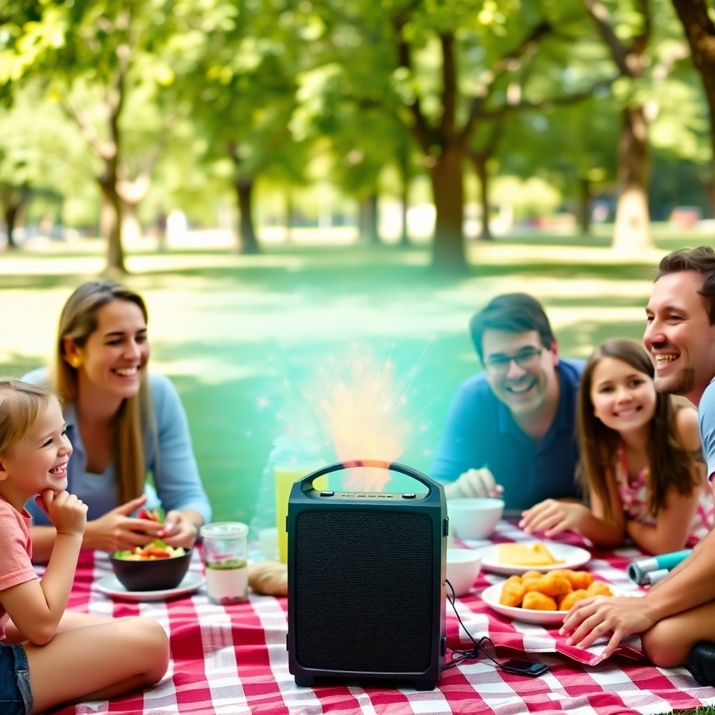 A joyful family picnic scene in a park, where everyone laughs and plays together. A portable speaker emits vibrant sound waves, portraying happiness radiating from the music setting the atmosphere.
