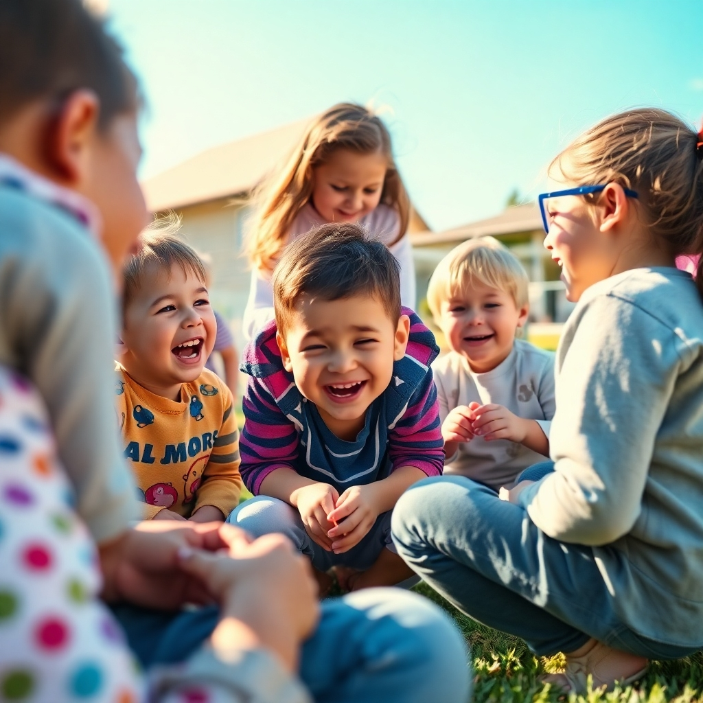 A lively candid moment of children engaged in imaginative play, with a childcare worker discreetly capturing the image from a distance. The scene is filled with laughter, children in various playful poses, and a warm, inviting atmosphere under bright blue skies.