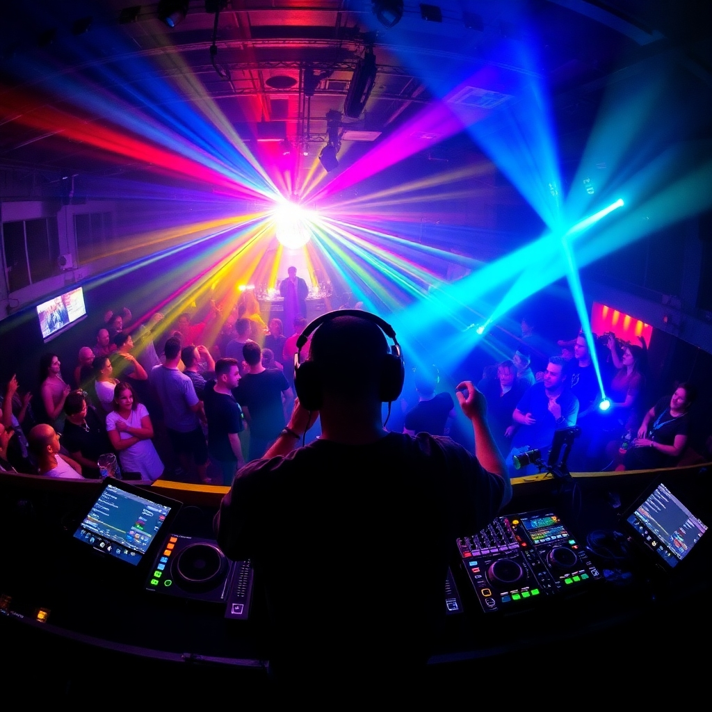 A lively DJ booth at a crowded event, with a DJ wearing headphones, passionately mixing tracks. Colorful lights illuminate the dance floor as people enjoy the music, displaying a vibrant nightlife.