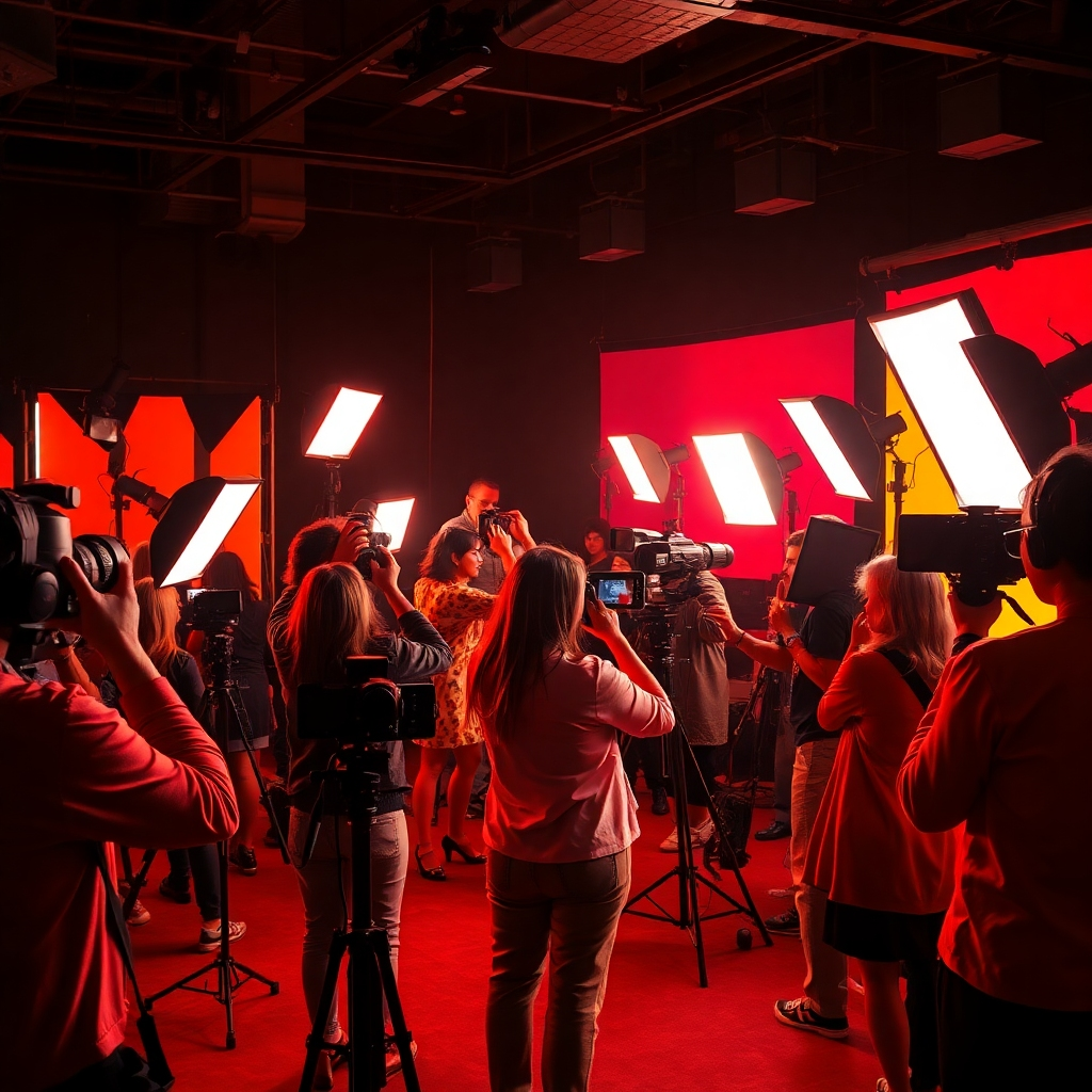A lively workshop in progress with photographers actively experimenting with multiple strobe lights. The scene is filled with dramatic side lighting highlighting the participants and their work. The color palette features vibrant reds and yellows against a dark backdrop, creating an energetic atmosphere. The composition is dynamic, showcasing various camera angles focusing on the participants adjusting their lighting setups. Textures include the softness of fabric on the models and the shine of the photography gear. The environment is filled with creative props, like colorful backdrops and mannequins, enriching the diversity of setups. The image is in the style of a professional photography event, rendered in ultra-detailed 8K resolution with hyperrealistic qualities.