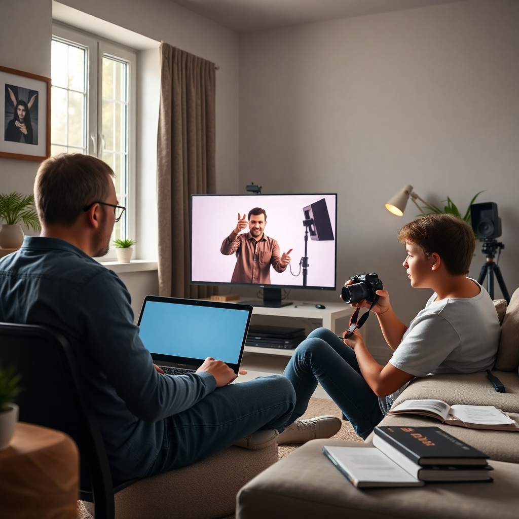 A modern and cozy home workspace setup for virtual strobe photography lessons. The scene shows a confident instructor on a high-resolution laptop screen, excitedly illustrating strobe techniques, while a curious student sits in front of the laptop, practicing with a camera in hand. The soft, natural light from a nearby window softly highlights the workspace layout, complemented by subtle artificial lights enhancing the scene. The color palette features calming neutral tones, fostering a focused learning atmosphere. The camera angle captures both the laptop and the student's engagement for a dynamic perspective. Textures of furniture and equipment should be vividly detailed, showcasing a blend of modern technology and artistic decor. Virtual teaching aids, like books and notes, are strategically displayed, contributing to the educational vibe. The image should be hyper-detailed, in 8K resolution, reminiscent of instructional photography series by Scott Kelby.