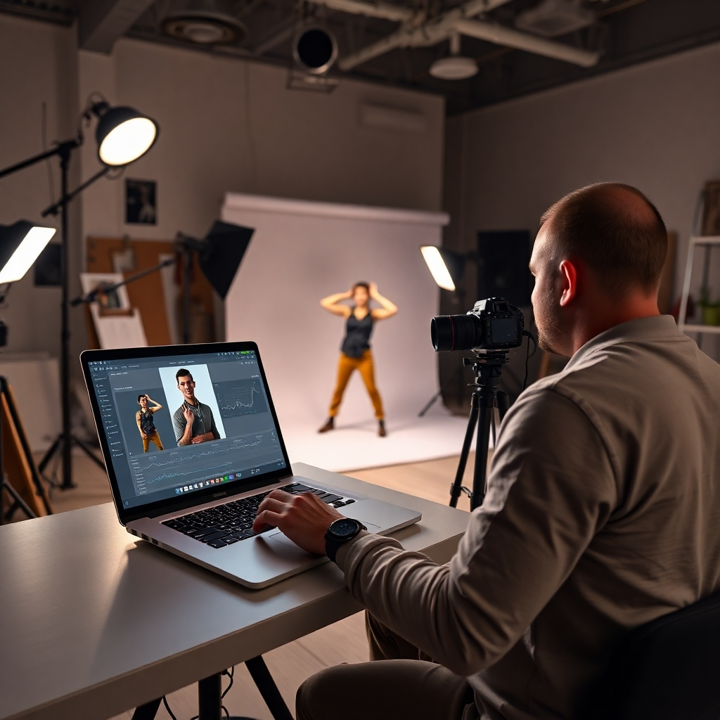 A modern photography studio displaying a photographer using a laptop with software open, adjusting flash settings on a model in a dynamic pose. Soft lighting highlights the equipment, while a creative workspace filled with props enhances the scene.