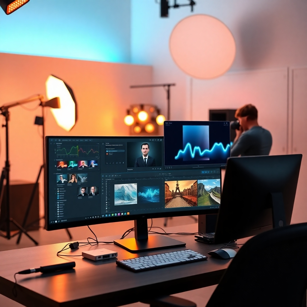 A modern photography studio with a sleek computer setup, showing software interfaces open with editing tools. In the background, a photographer is adjusting strobe lights, while on-screen graphics illustrate workflow automation and time-saving features, all in a well-lit, organized environment.