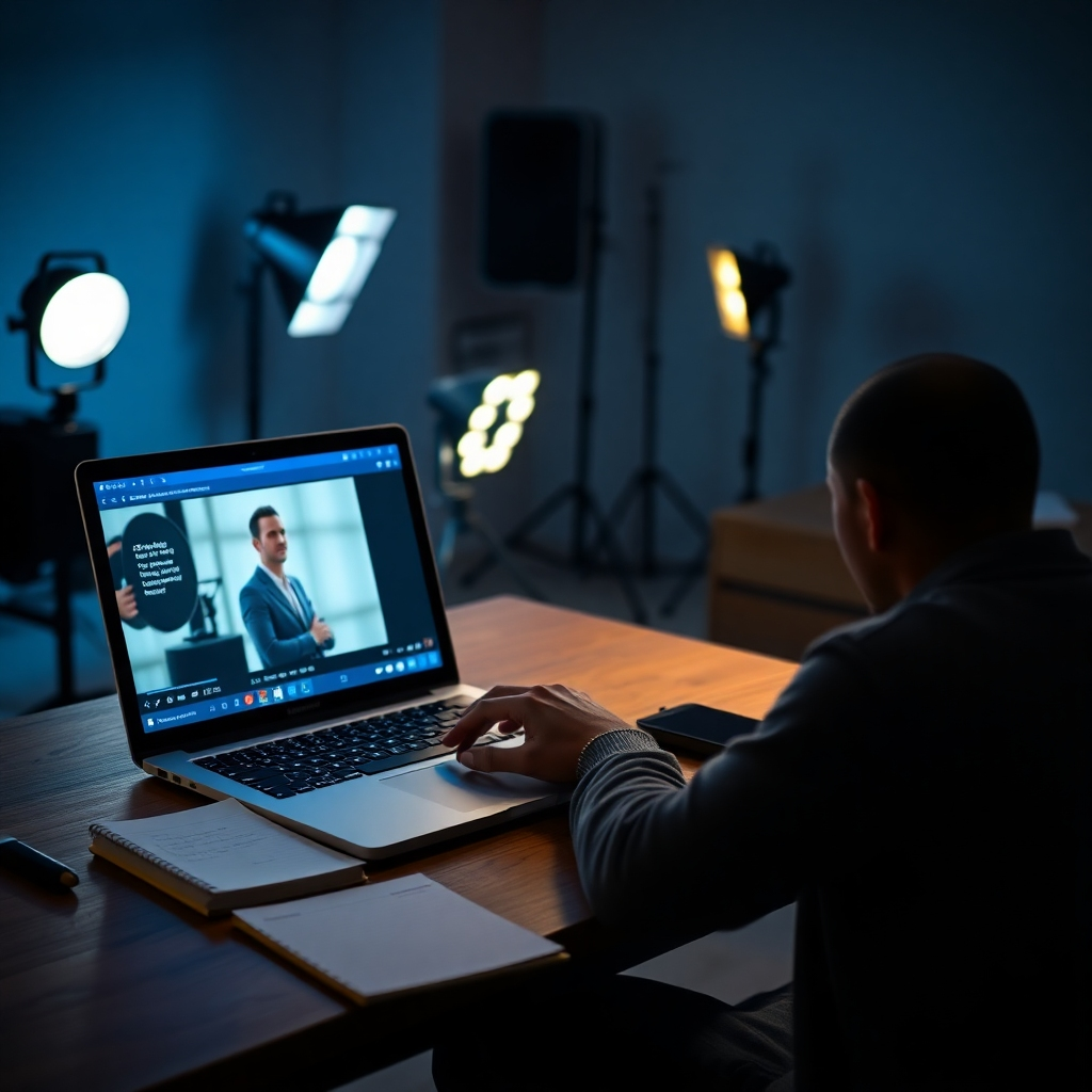 A person sitting at a desk, engaged in an online lesson about strobe photography on a laptop. The scene includes a notepad with notes, a strobe light setup in the background, and the screen showing a tutorial video with a professional teaching lighting techniques.