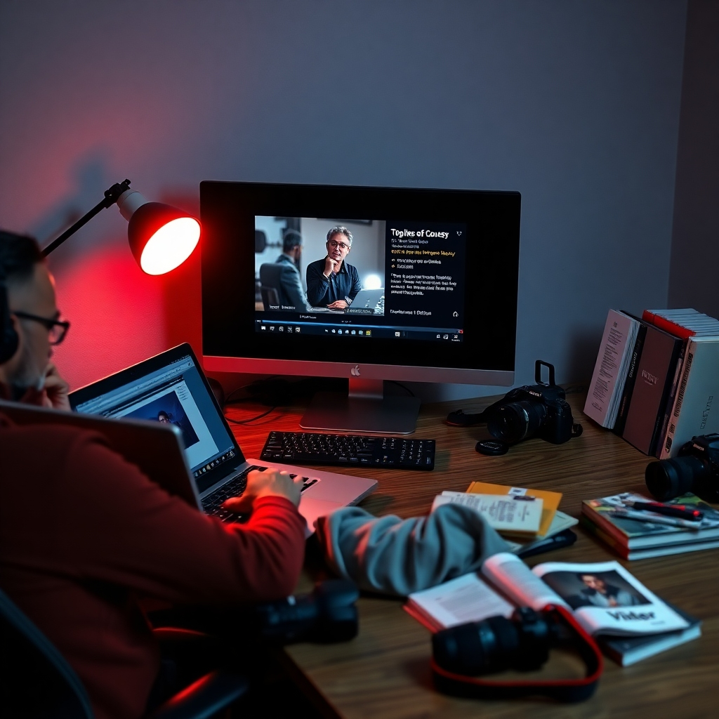 A person sitting at a desk with a laptop, engaging in an online strobe photography course. The screen displays a tutorial video with tips and techniques, while various photography books and camera gear are visible around, emphasizing affordable learning options.