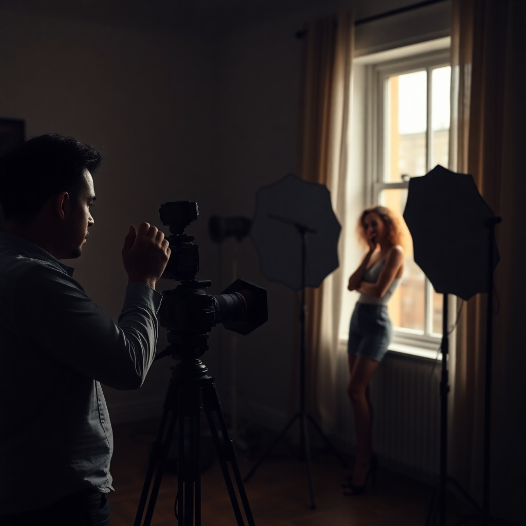 A photographer in a dimly lit room with a camera, adjusting settings. There are reflectors positioned to enhance light on a model posing near a window, with soft, natural light streaming in. The atmosphere is creative and focused.