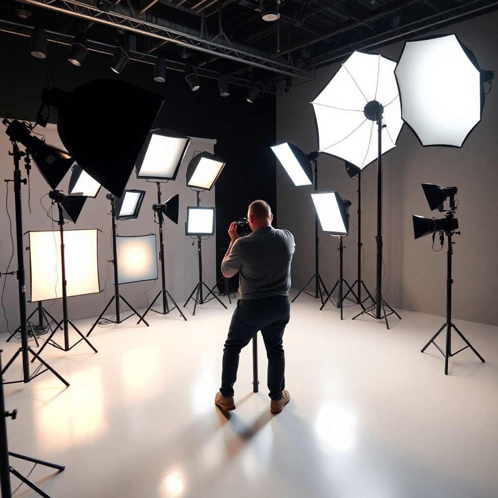A photographer in a studio setting adjusting multiple strobe lights at various angles, with a reflective surface capturing soft, balanced light on a model. Include a variety of light stands, softboxes, and the photographer in focus.