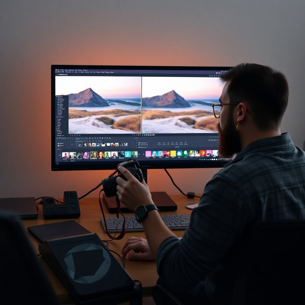 A photographer sitting at a computer editing photos. The monitor displays before-and-after images showing color correction. There are color swatches and editing tools visible, emphasizing the focus on adjusting white balance and enhancing the image.