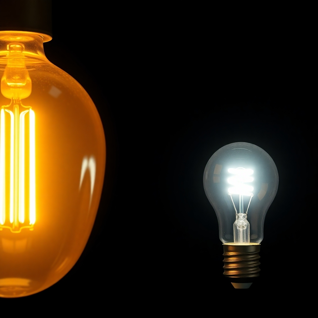 A photorealistic image comparing the energy consumption of a traditional incandescent light bulb and a modern LED bulb. Show a clear visual representation of the energy difference, perhaps using glowing energy bars or a meter. The background should be a dark, almost black, to emphasize the light emitted. The image should be crisp and clear, showcasing the details of each bulb.