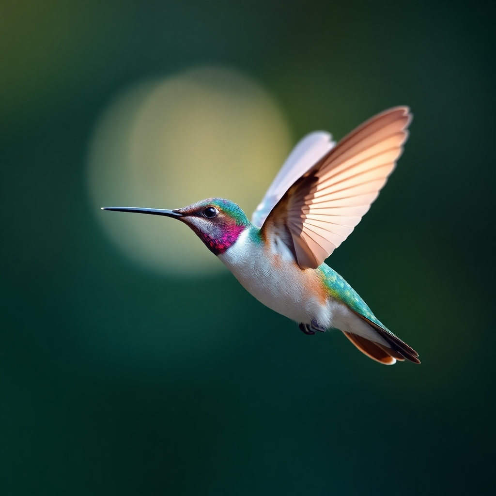 A photorealistic image depicting a high-speed photograph of a hummingbird in flight, wings blurred, captured using an LED strobe light.  The background should be blurred, emphasizing the sharp detail of the hummingbird. The image should have a shallow depth of field and vibrant, natural colors. The light source should be subtly visible in the background as a small, powerful LED strobe.