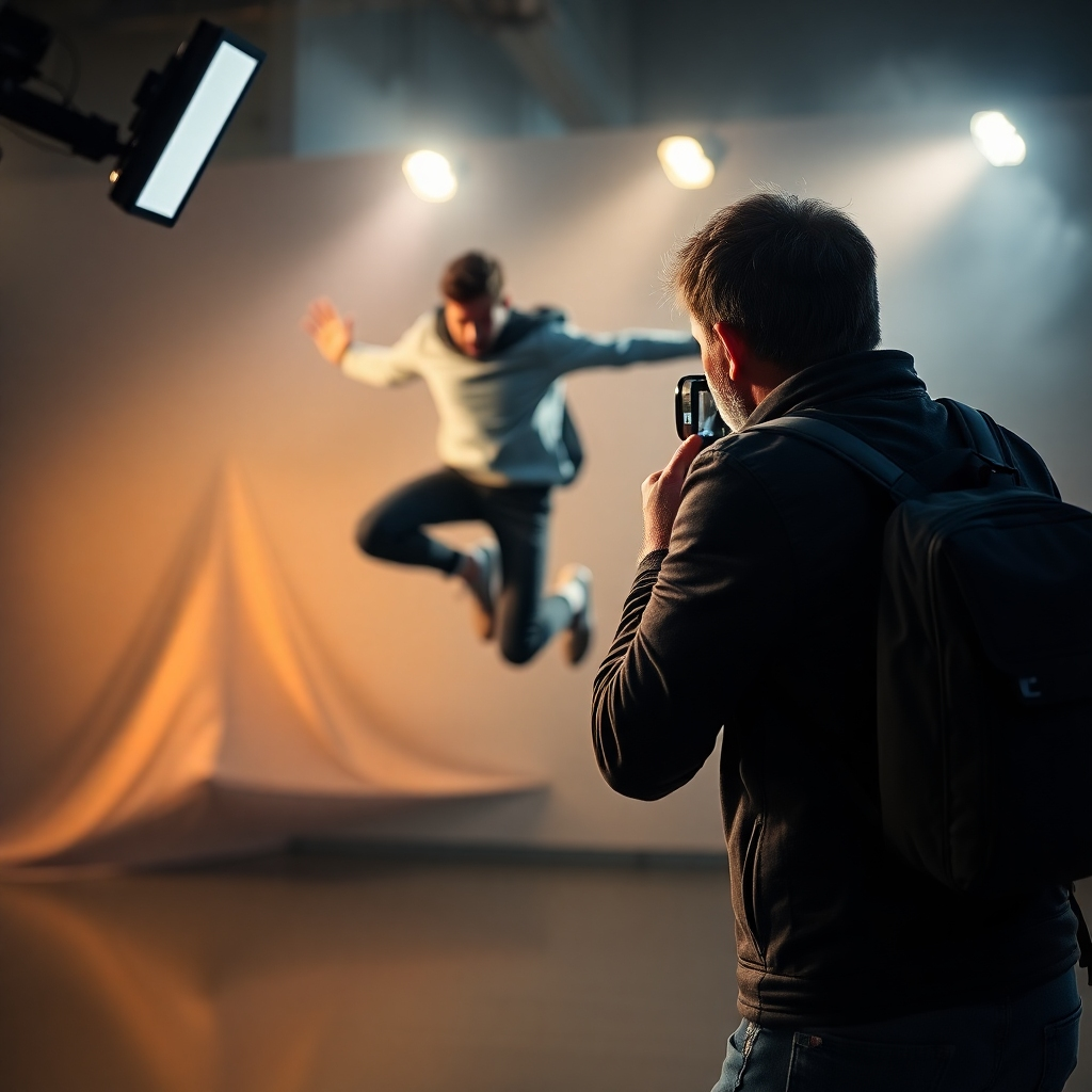 A photorealistic image depicting a professional photographer capturing a model mid-jump using a strobe light. The image should showcase the freezing of motion created by the strobe, with the background blurred and the subject sharply in focus. The strobe should be visible, and the overall lighting should be dramatic and high-contrast, highlighting textures and detail.