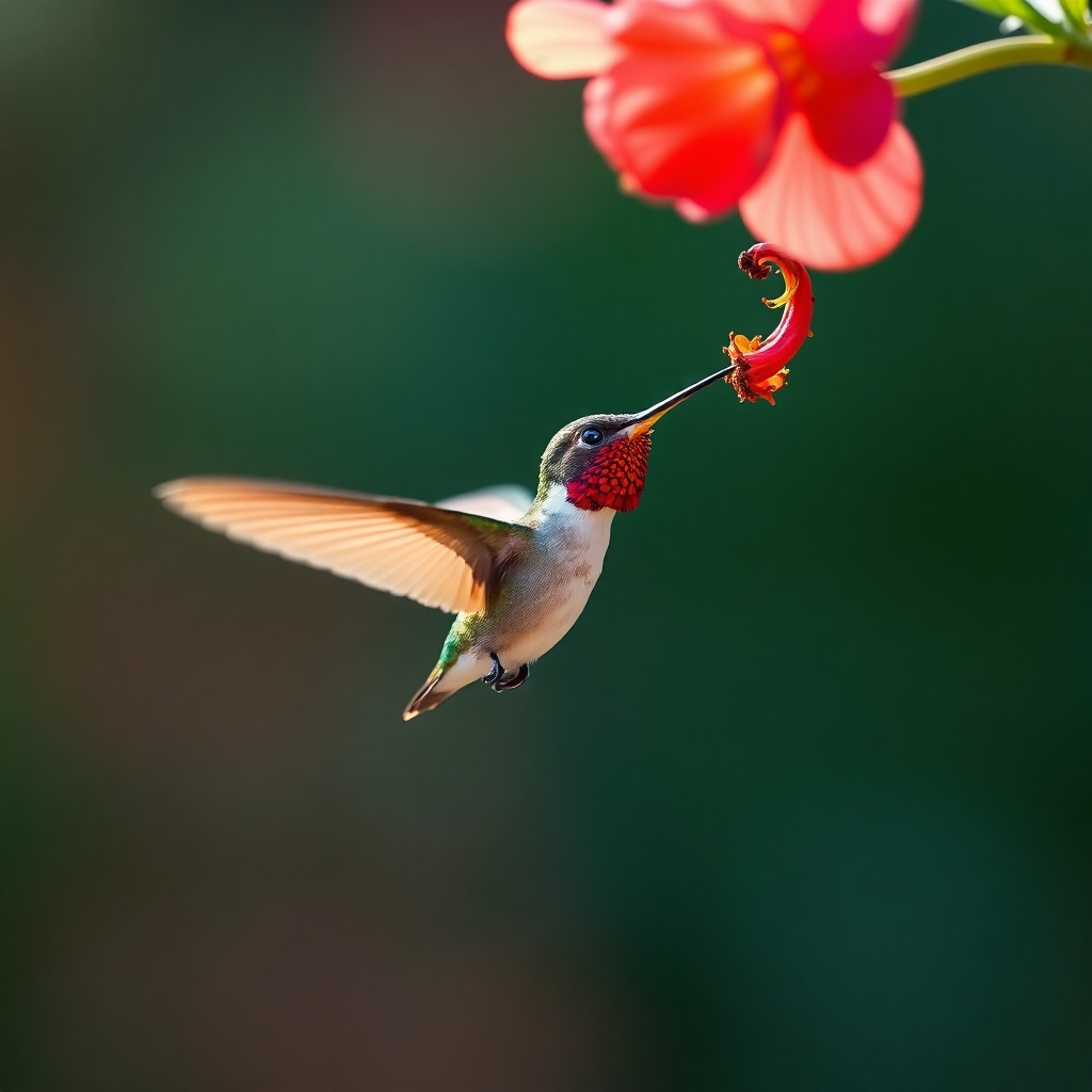 A photorealistic image depicting a high-speed photograph of a hummingbird hovering near a flower, sharply in focus thanks to strobe lighting. The background should be blurred to emphasize the subject. The lighting should be bright, highlighting the hummingbird's details and the flower's color. The overall mood should be vibrant and dynamic.