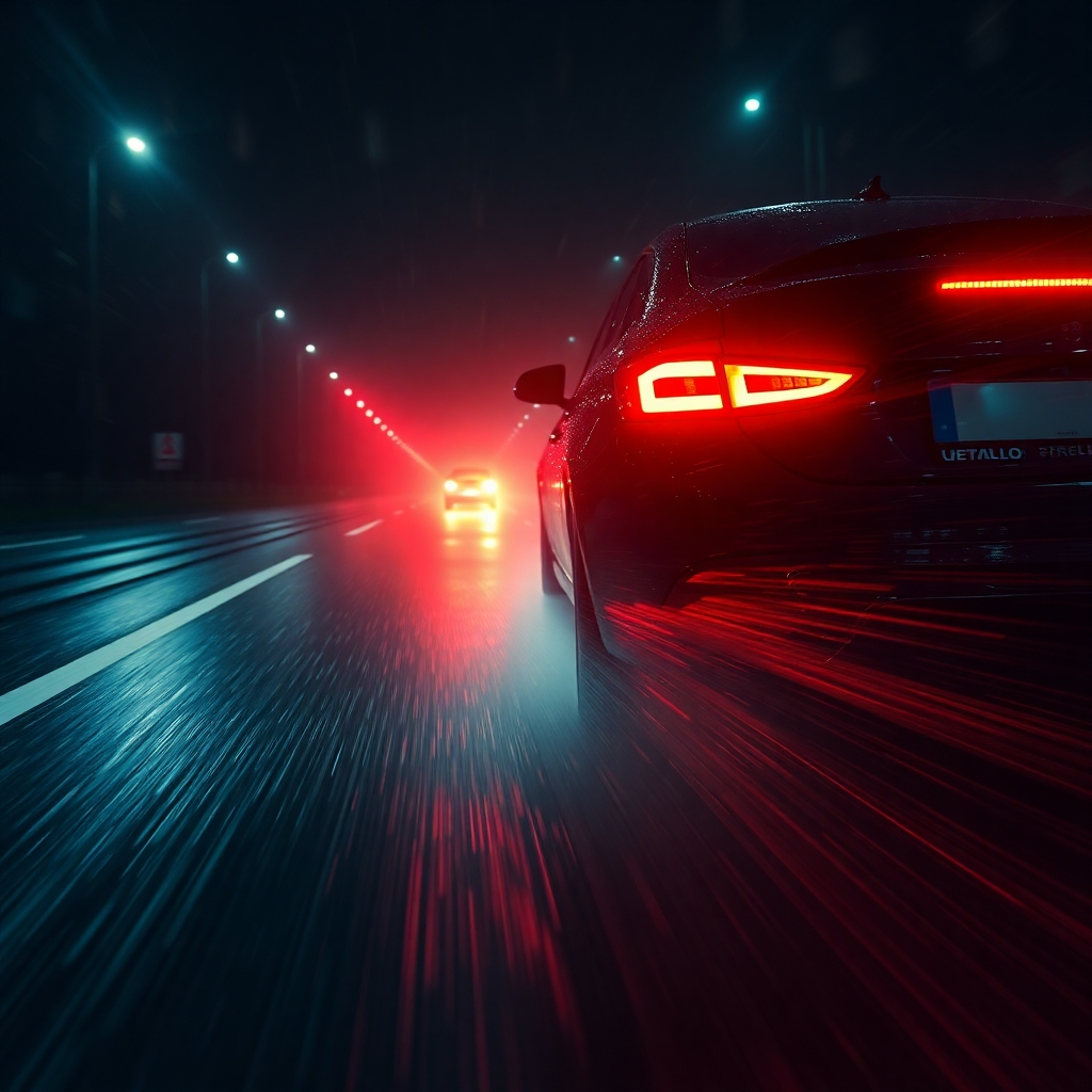 A photorealistic image of a car braking hard at night on a rain-slicked road. The LED brake lights are clearly visible, emitting bright, rapidly pulsing red strobes, contrasting against the dark, wet asphalt. The image must emphasize the intensity of the strobes and the car's speed.