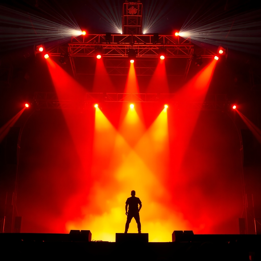 A photorealistic image of a concert stage with a performer silhouetted against a backdrop of intensely flashing strobe lights, creating a dynamic and energetic atmosphere.  Focus on the interplay of light and shadow, capturing the fast-paced nature of the strobe effect. The image should have a high contrast and vibrant colors.