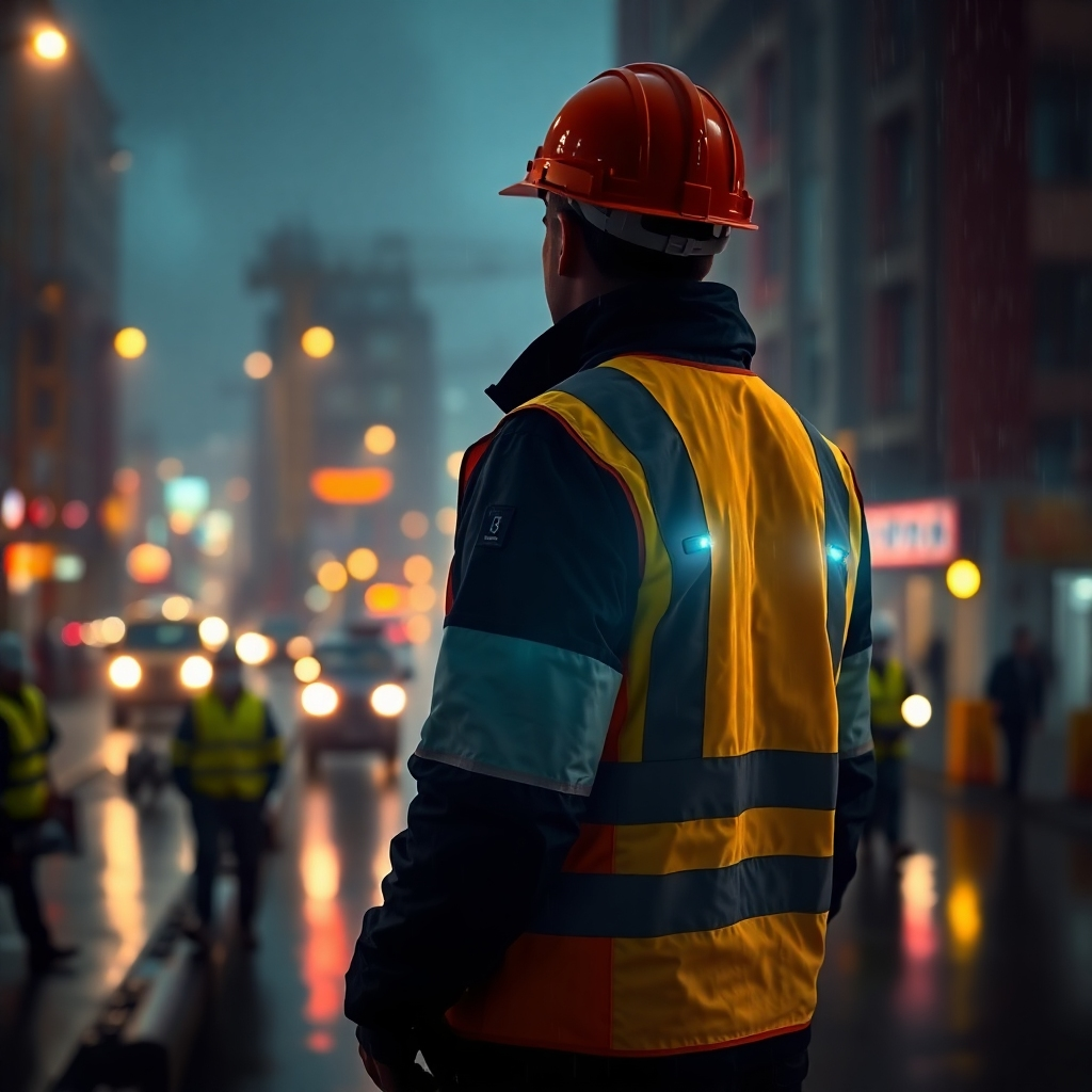 A photorealistic image of a construction worker wearing a high-visibility vest with integrated LED strobe lights, standing on a busy, rain-swept construction site at night.  The strobe lights are clearly visible, pulsing brightly, cutting through the darkness and rain. The background is blurred but shows the bustling activity of the construction site.  Focus is sharply on the worker and the strobe lights.