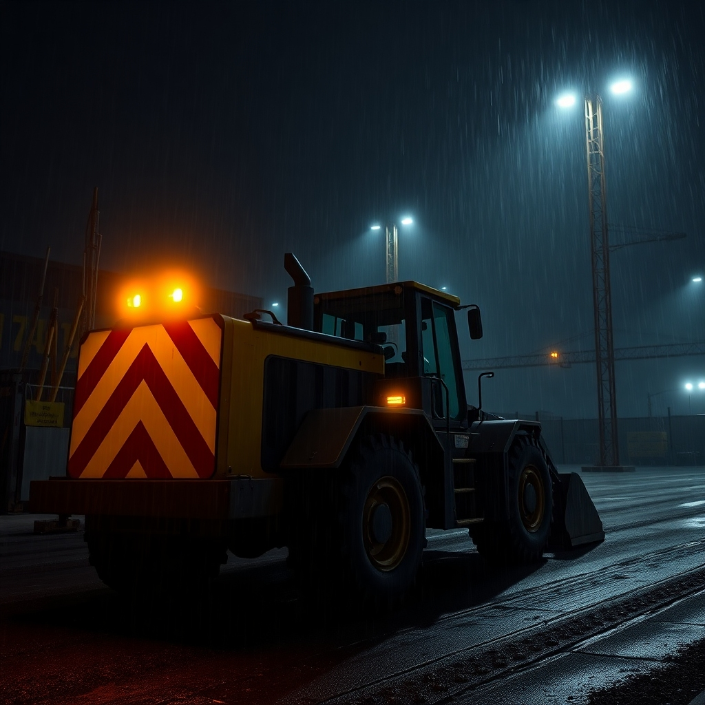 A photorealistic image of a construction site at night, with bright strobe lights flashing from a piece of heavy machinery as a warning signal. The scene should be dark and rainy, to emphasize the visibility of the strobe lights. The image needs to portray a sense of urgency and safety.