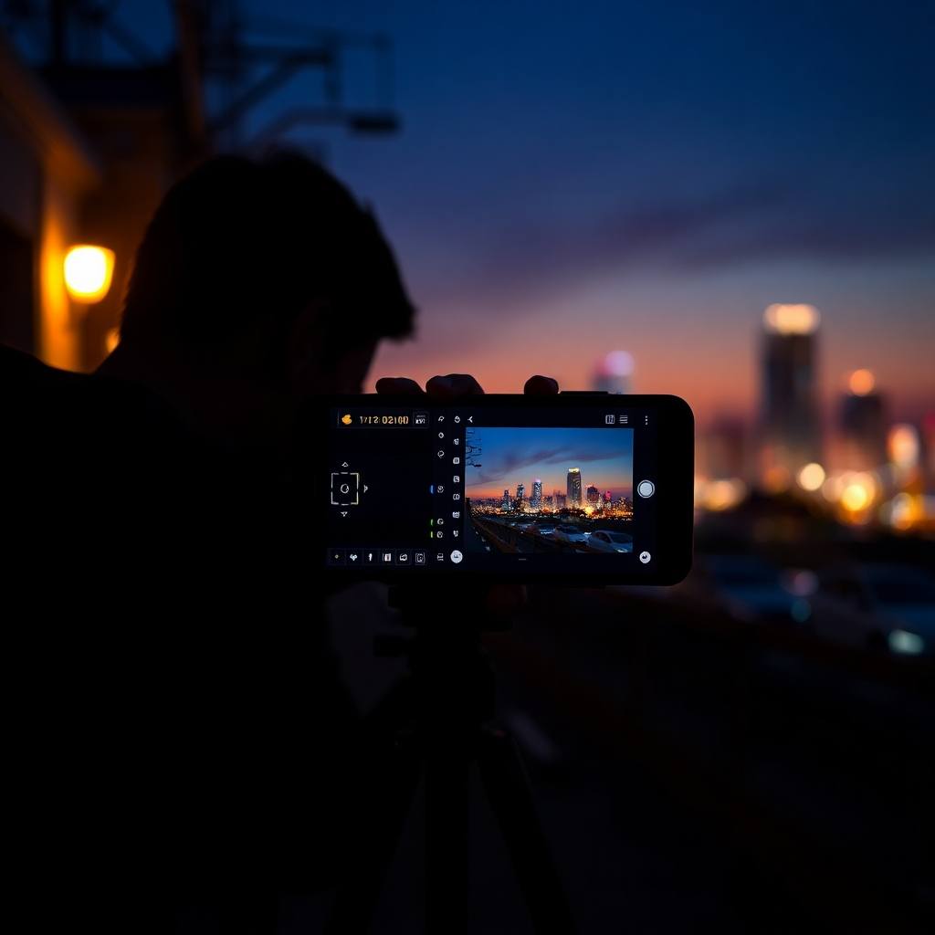 A photorealistic image of a dimly lit scene featuring a photographer using a tripod at sunset, with the camera's settings displayed on a smartphone screen. The scene includes glowing city lights in the background, showcasing vibrant colors despite the low light.
