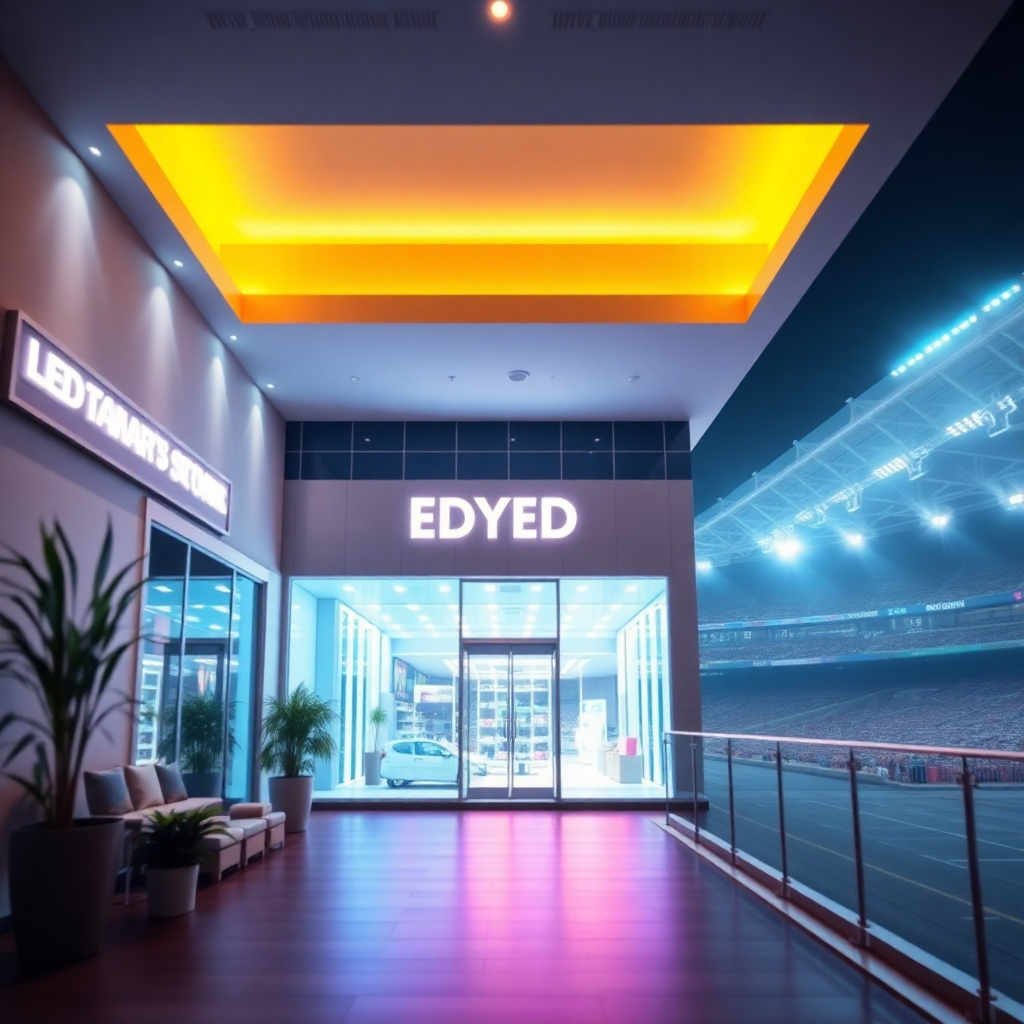 A photorealistic image showcasing the diverse applications of LED lighting. The image should depict various scenarios such as a modern home interior lit with LEDs, a commercial storefront with bright LED signage, and perhaps even a large-scale stadium illuminated by LED lights. The image should be vibrant and dynamic, highlighting the versatility of LED technology.