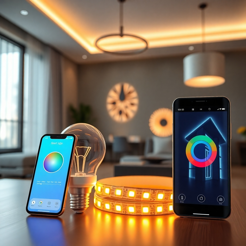 A photorealistic image showcasing a selection of high-end LED lights with various smart features.  This might include a smart bulb with an app interface displayed on a nearby smartphone, a stylish LED strip with customizable colors, and a unique architectural LED fixture. The background should suggest a modern, high-end home interior.
