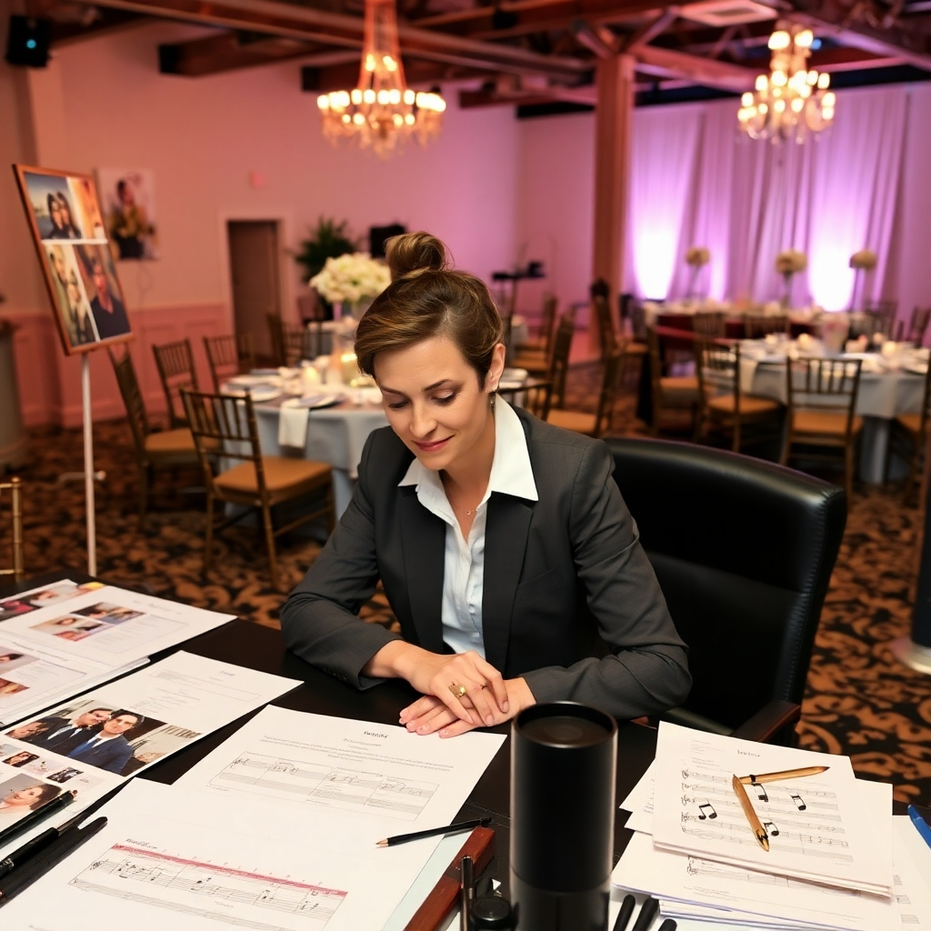 A planner at work surrounded by mood boards, timelines, and music notes. A successful event setup in the background showcases the beautiful layout and ambiance, representing meticulous planning and execution.