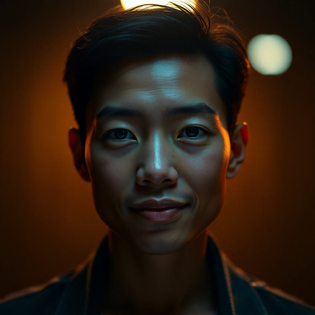A portrait of a person illuminated by strobe lights, highlighting their natural skin tone and facial features. The lighting is soft yet vivid, with a blurred, complementary background that enhances the subject's expression and personality, creating an engaging visual story.