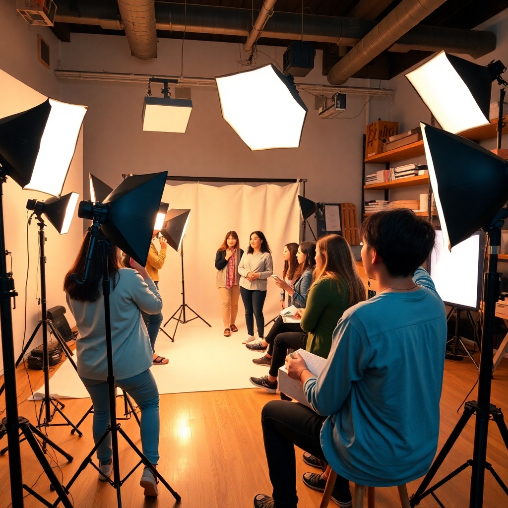 A professional photography studio setting featuring a diverse group of students engaged in a strobe photography masterclass. The scene captures multiple setups with adjustable softboxes and backdrop stands. Soft diffused lighting creates an inviting atmosphere, illuminating the participants as they experiment with various angles and poses. The color palette includes warm tones, enhancing the collaborative and creative mood. The camera angle is slightly elevated, providing a comprehensive view of the studio activities. Textures of the studio materials, such as fabric backdrops and reflective surfaces, are sharply detailed. In the background, shelves of photography equipment and props are visible, adding depth and context to the environment. The overall image should be hyperrealistic, in 8K resolution, styled akin to portraits by renowned photographer Annie Leibovitz.