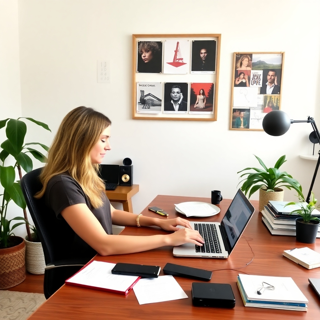 A serene home office where a music curator thoughtfully selects tracks on a laptop, with notes and mood boards surrounding them. The focus is on creativity and personalization in music selection.