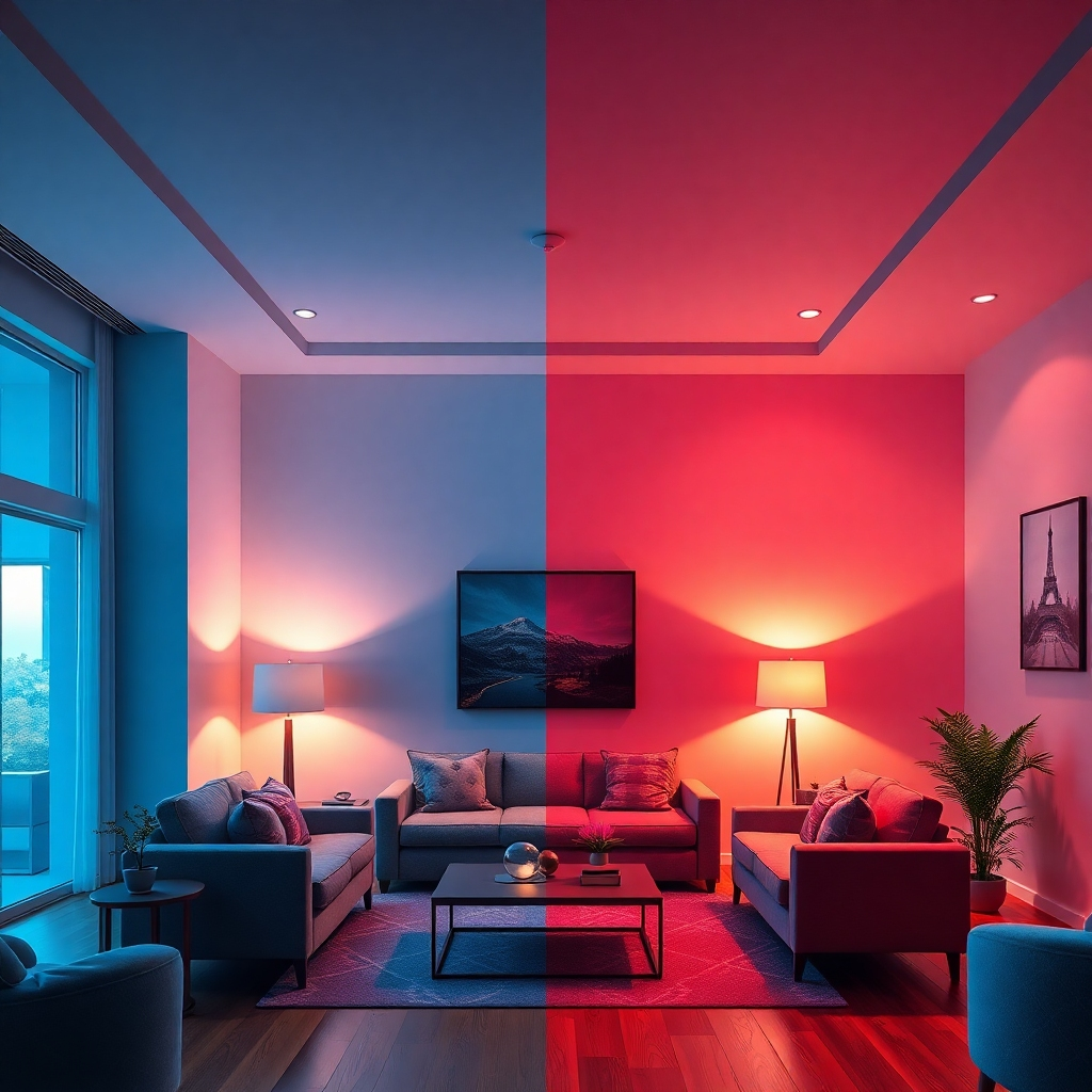 A split image showing a scene lit by a cheap LED (flickering, inaccurate colors) versus a scene lit by an expensive LED (smooth dimming, vibrant, accurate colors).  The scenes could be a living room with furniture. High-quality textures and realistic lighting are essential to highlight the difference in quality.