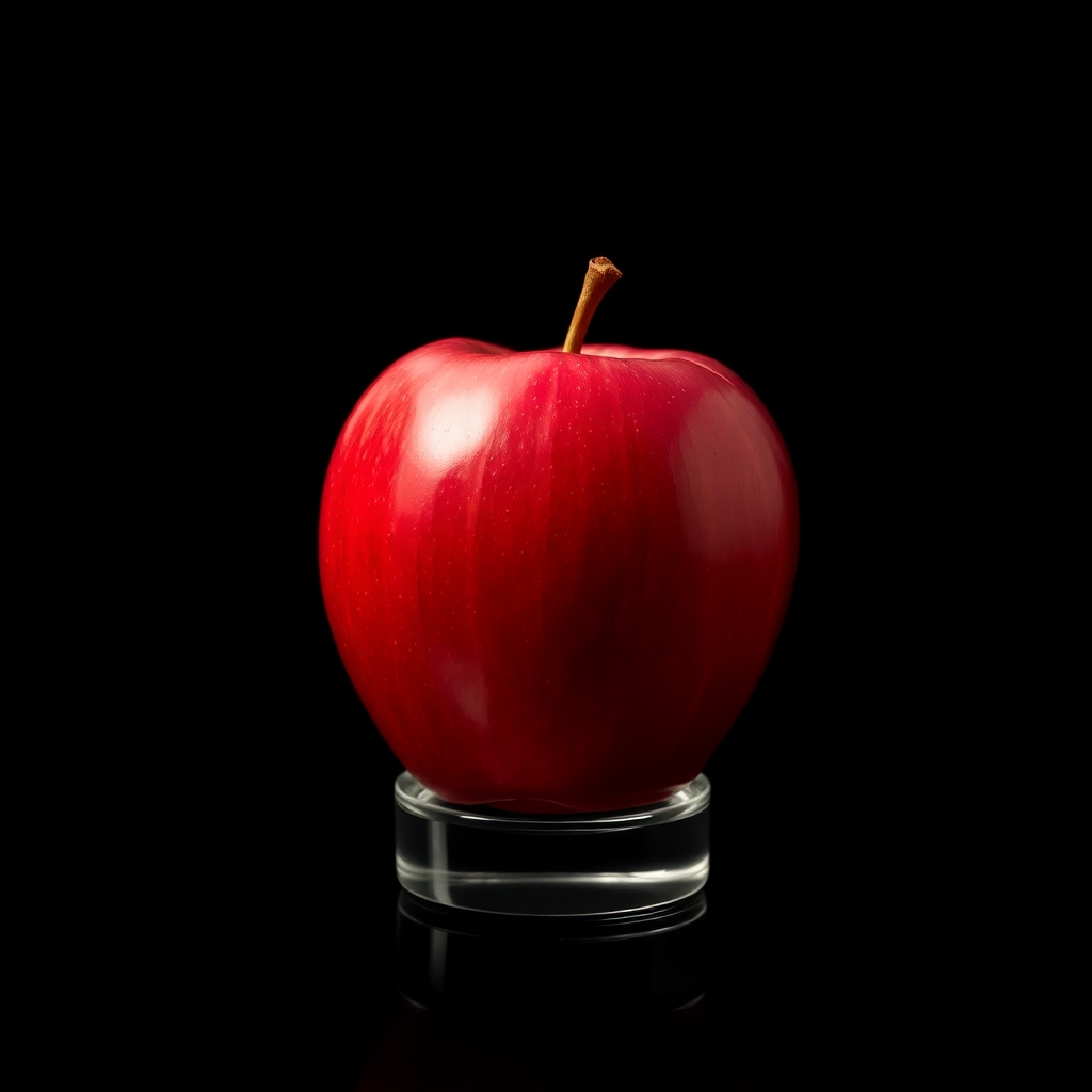 A still life composition of a vibrant red apple resting on a glass surface, set against a black background. The lighting should be soft but directed, highlighting the apple's texture while casting subtle reflections on the glass, creating an illusion of depth.