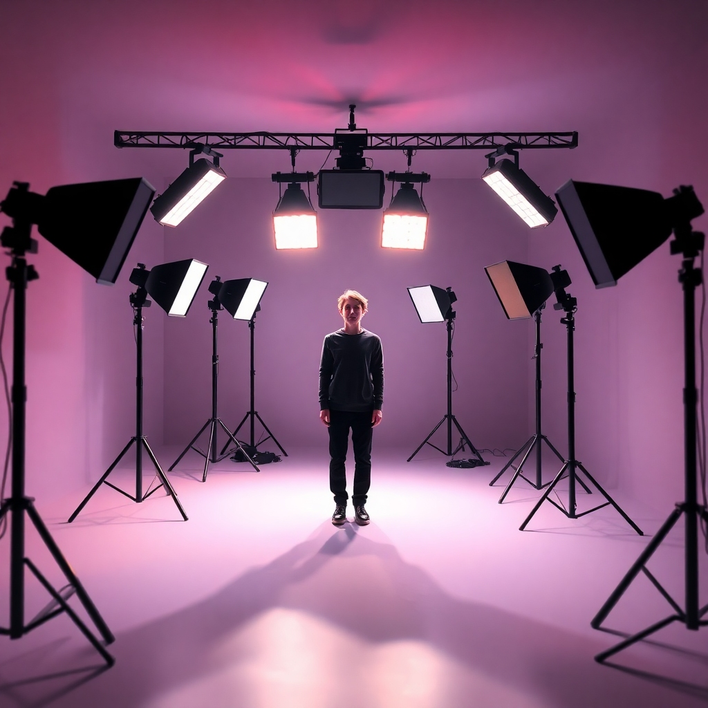 A studio setup featuring multiple strobe lights arranged in a semi-circle around a model. The lights cast various shadows and highlights on the model, showcasing artistry and control over lighting. Background blurred with soft colors to emphasize the lighting effects.