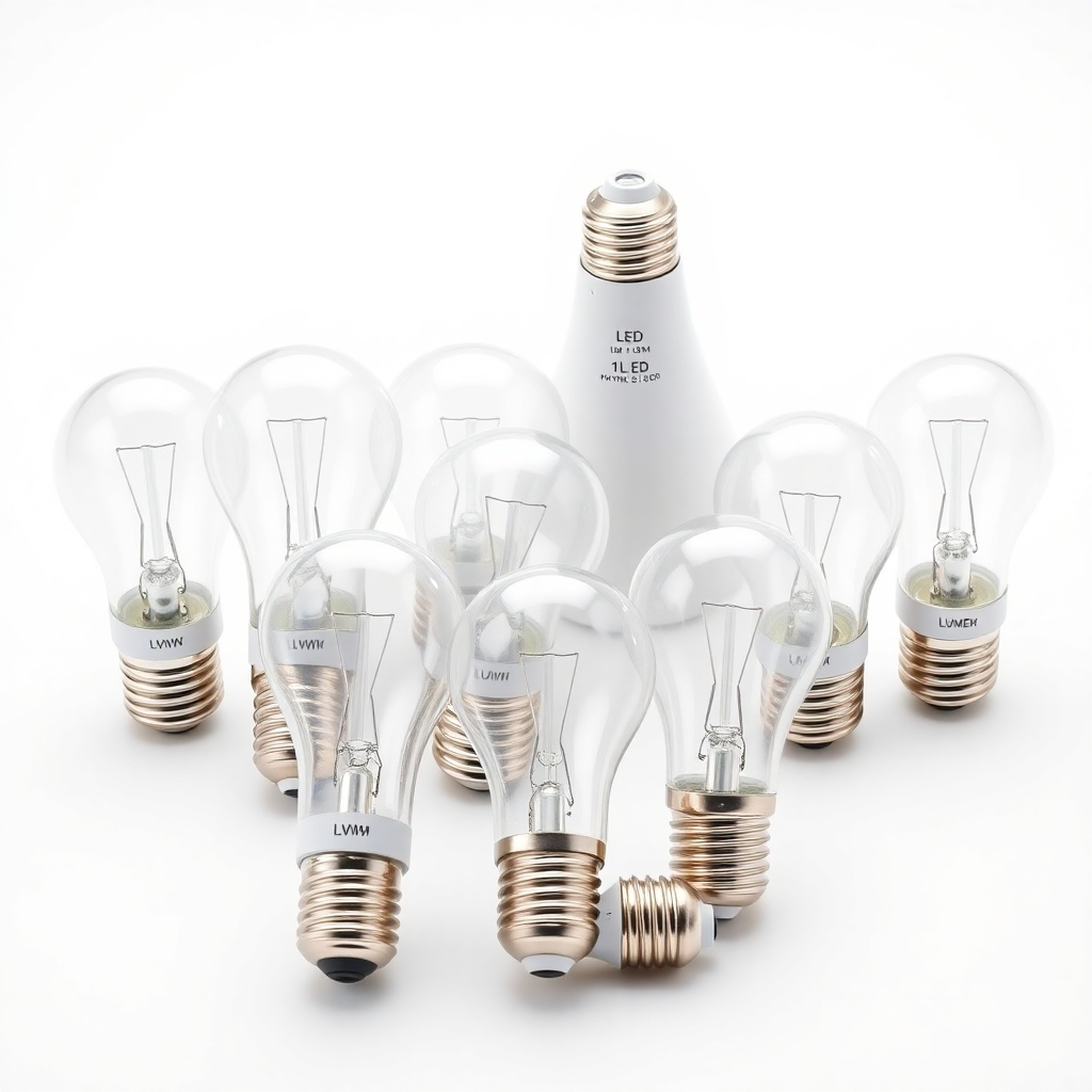 A studio shot of several LED light bulbs arranged on a clean white background. Each bulb is clearly labeled with its wattage, lumens, and color temperature.  Measurement tools are subtly present to show size and scale.  The lighting is bright and even, emphasizing the details and labels.