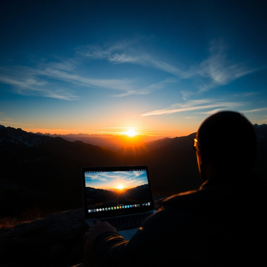 A stunning sunset over a mountain landscape, showcasing high contrast between bright sky and dark foreground. The image includes a photographer reviewing multiple exposures on their laptop, reflecting the process of combining different exposures to achieve a perfect HDR result.