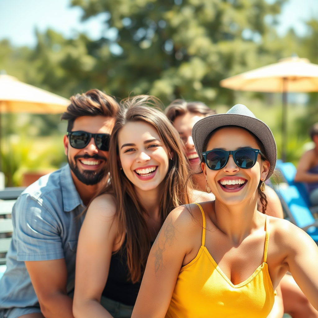A vibrant and joyful image featuring a smiling group of friends enjoying a sunny afternoon in a relaxed outdoor setting. The scene should capture authentic expressions and natural interactions, with the bright sunlight enhancing their smiles and the overall cheerful atmosphere.