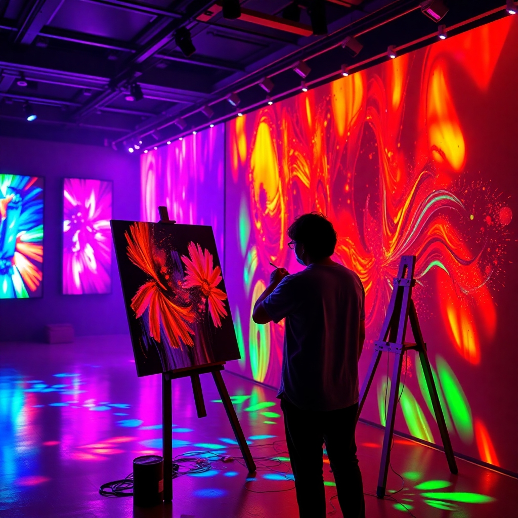 A visually captivating art installation illuminated by colorful strobe lights, with an artist actively painting a canvas. The vivid colors of the artwork and the dramatic lighting should create a mesmerizing atmosphere that emphasizes the connection between light and color in artistic expression.
