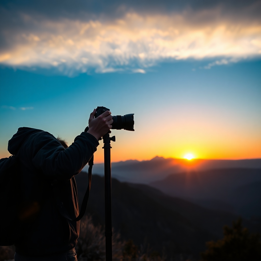 A visually striking composition of a landscape photographer setting up a shot using the rule of thirds. The scene features a picturesque sunrise over a mountain range, with the photographer in the foreground adjusting the camera, highlighting key compositional elements.