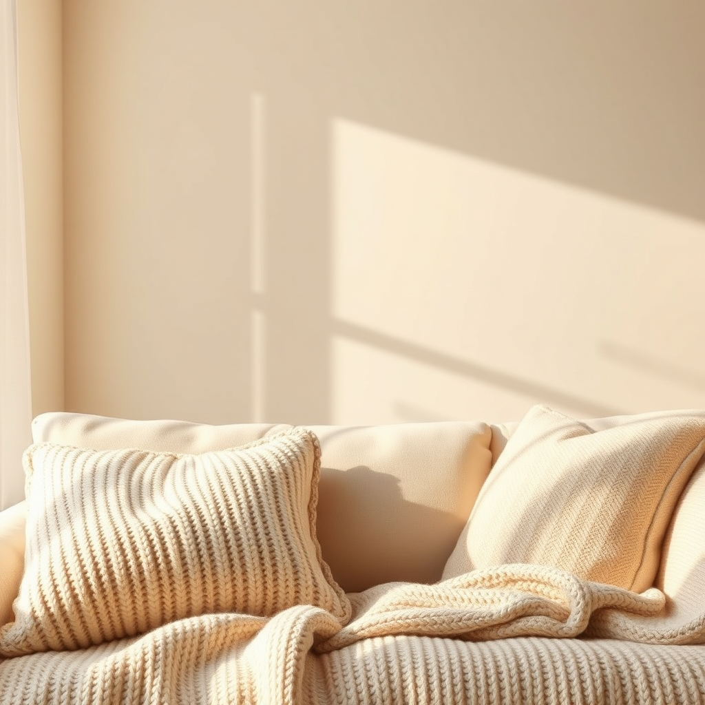 A warm and inviting photorealistic image showing soft color blends of beige and cream. The scene should include textures that reflect warmth, such as a knitted fabric or soft cushions, along with natural light creating an ambient glow. The composition should evoke feelings of comfort and home, perfect for a peaceful living space.