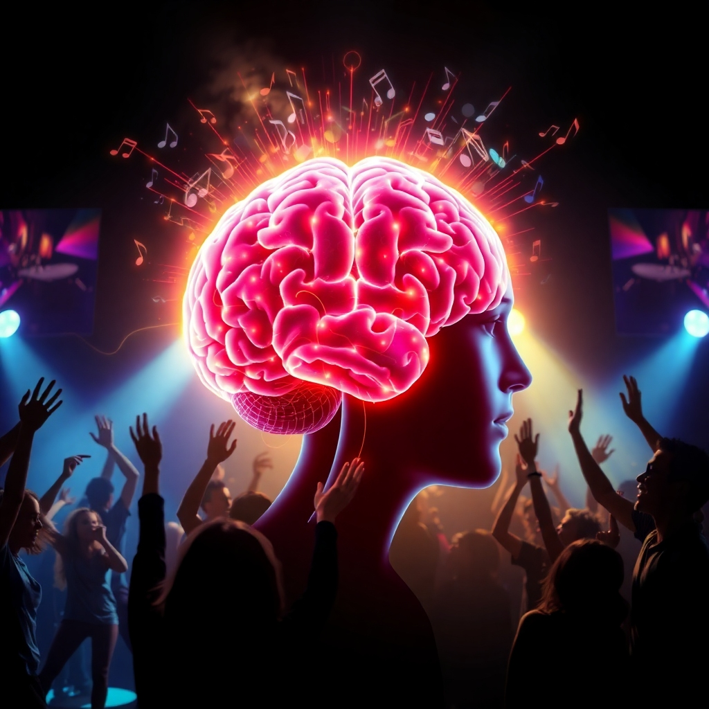 An abstract visualization of brain activity lights up in response to music. Surrounding it are images of energetic dancers and musicians, showcasing the connection between music and happiness.