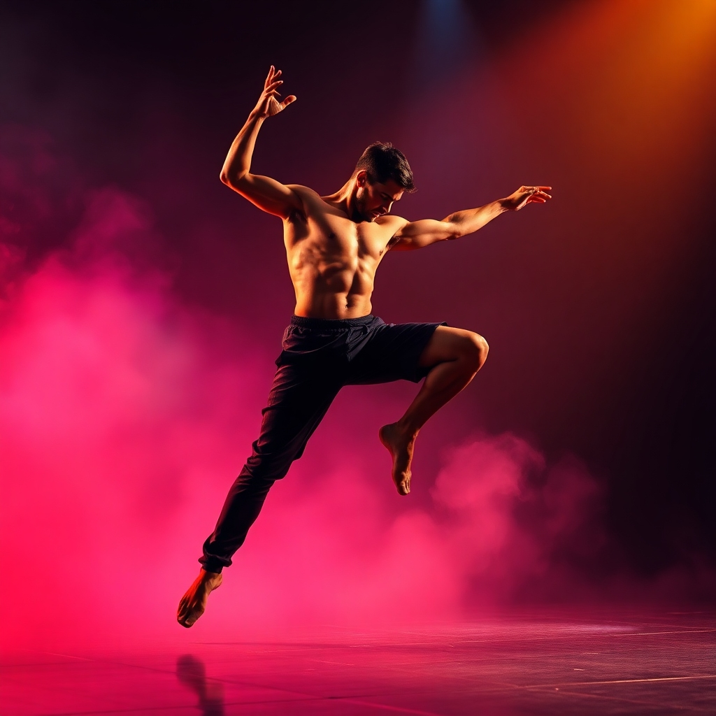 An action shot of a dancer in motion, illuminated by strobe lighting. The dance pose is mid-air, with dynamic shadows and highlights emphasizing muscular definition. Various colored gels on the strobes should create a vivid, colorful background that contrasts with the dancer’s attire.