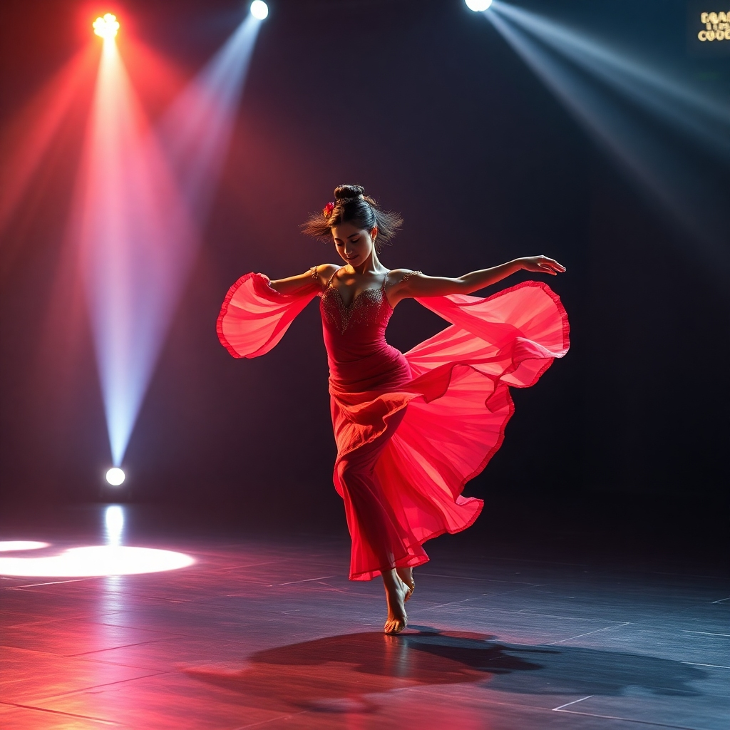 An action shot of a dancer in motion, lit by strobe lights, capturing the movement in full clarity. The vibrant colors of the dancer's costume and the surrounding environment should be accentuated, highlighting the beauty of color dynamic under strobe lighting.