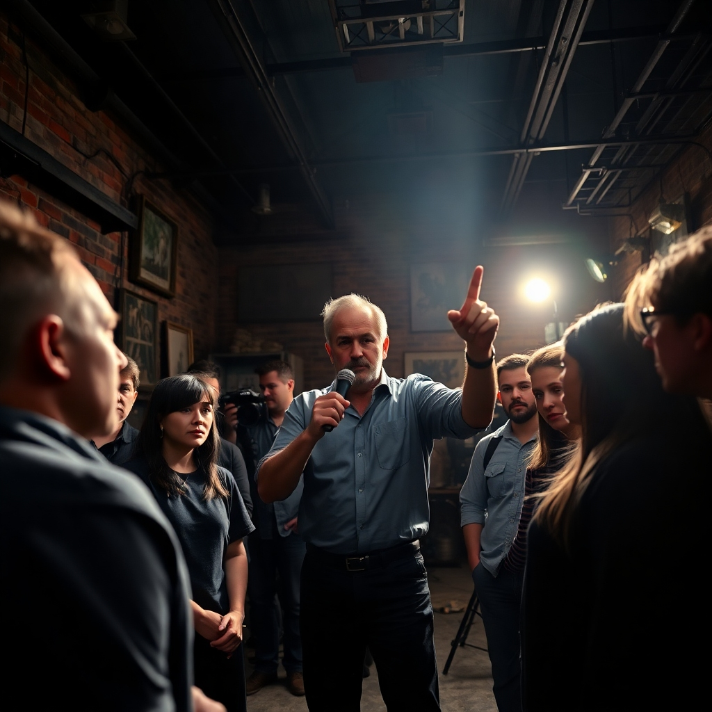 An advanced class emphasizing intricate strobe techniques, with a skilled instructor demonstrating in a gothic-style warehouse setting. The scene is dramatically lit with sharp shadows and intense highlights, showcasing the powerful effect of strobe lighting. A rich color palette with deep blacks and bright whites enhances the dramatic tone. The camera angle is eye-level, capturing the attentive expressions of the eager students. Textures of the setting include rough brick walls and polished metal equipment, adding a gritty feel to the professional atmosphere. The background features artistic elements like vintage frames and ambient light sources, ensuring a creative learning environment. The style draws inspiration from dramatic film photography, rendered in hyperrealistic detail at 8K resolution.