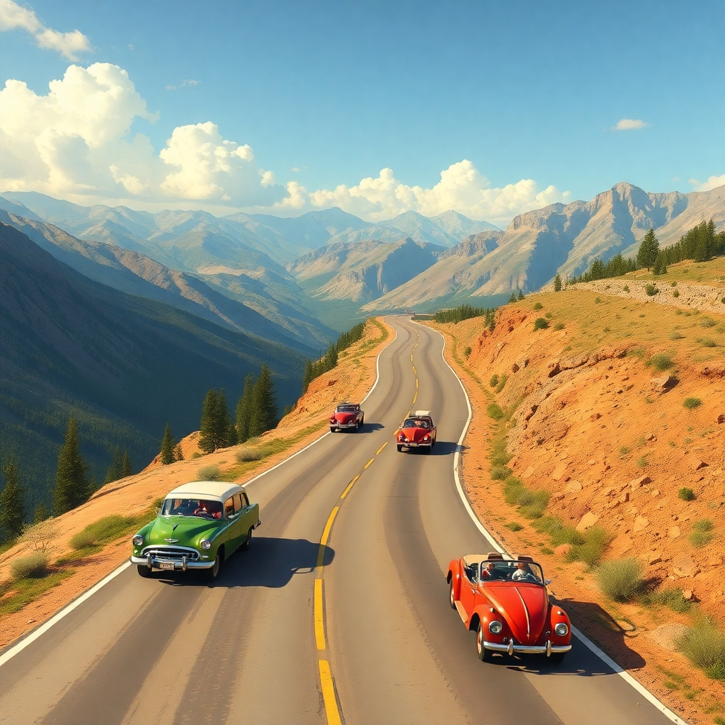 An artistic representation of a winding road surrounded by picturesque landscapes. Along the road, vintage cars and people are enjoying road trips with music playing, symbolizing the adventure and memories that great songs create.