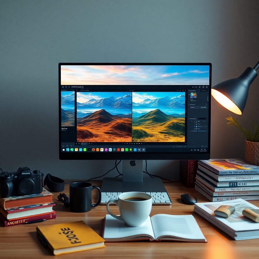 An artistically styled workspace showcasing a computer screen with advanced photo-editing software open. The screen displays a vibrant landscape image before and after editing. There are various editing tools visible, along with a cup of coffee and photography books around.