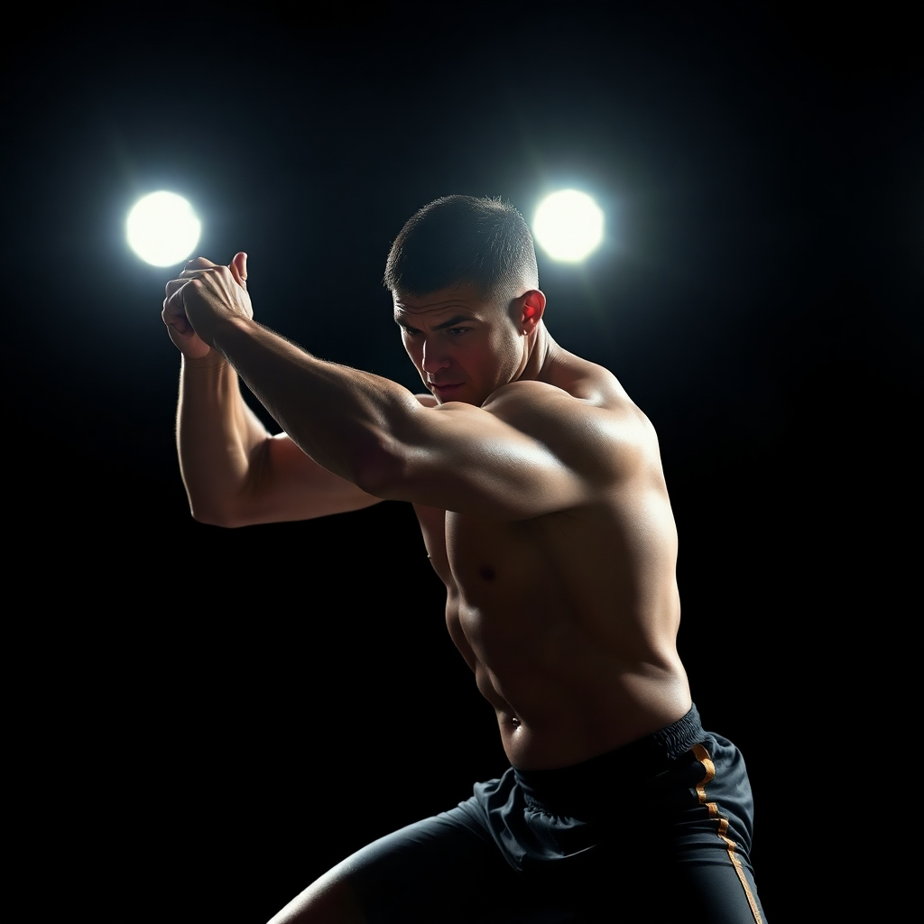 An athlete captured mid-action, performing a dynamic pose, with a dramatic lighting effect that accentuates muscle definition and movement. The black background amplifies the intensity of the scene, highlighting the subject's power and focus.