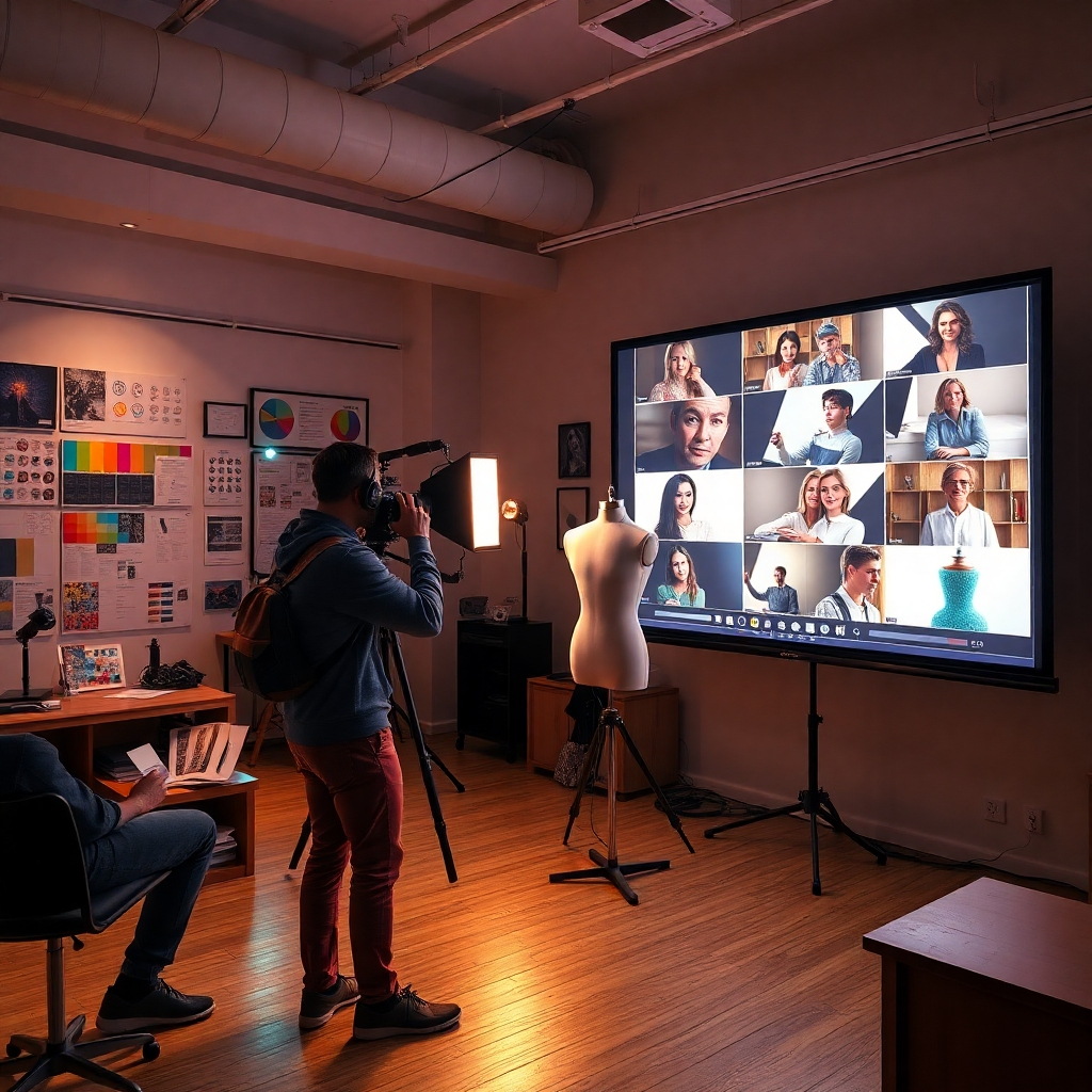 An engaging learning environment with a large screen displaying strobe photography tutorials. A photographer is experimenting with lighting effects on a mannequin, surrounded by color charts and visual aids, creating a vibrant and educational atmosphere.