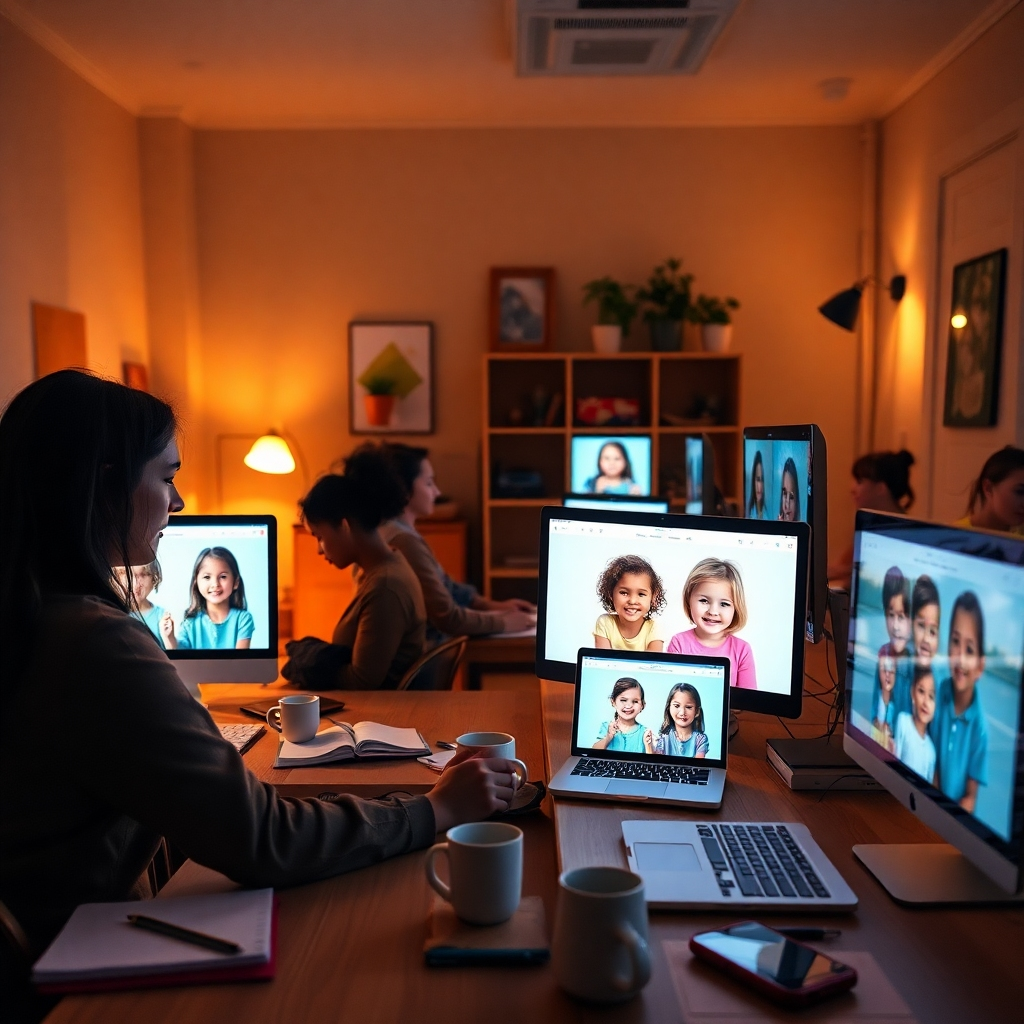 An intimate indoor setting where a small group of childcare workers are gathered around computers, engrossed in editing photographs. The room is illuminated with soft diffused lighting, creating a cozy ambiance, with light spilling from desk lamps and computer screens. The color palette consists of warm browns and vibrant colors from the images displayed on the monitors. The camera angle captures both the faces of the workers in focus and the screens showing before-and-after edits of children's portraits. The textures of the wooden desks and the sleek surfaces of laptops contrast beautifully. Relevant props include notebooks, coffee cups, and photo frames displaying edited images in various styles. The environment feels creative and inspiring, reminiscent of a media lab. Style references can draw inspiration from contemporary workspace photography. The shot should be captured in hyperrealistic, ultra-detailed 8K resolution, emphasizing clarity and color fidelity.