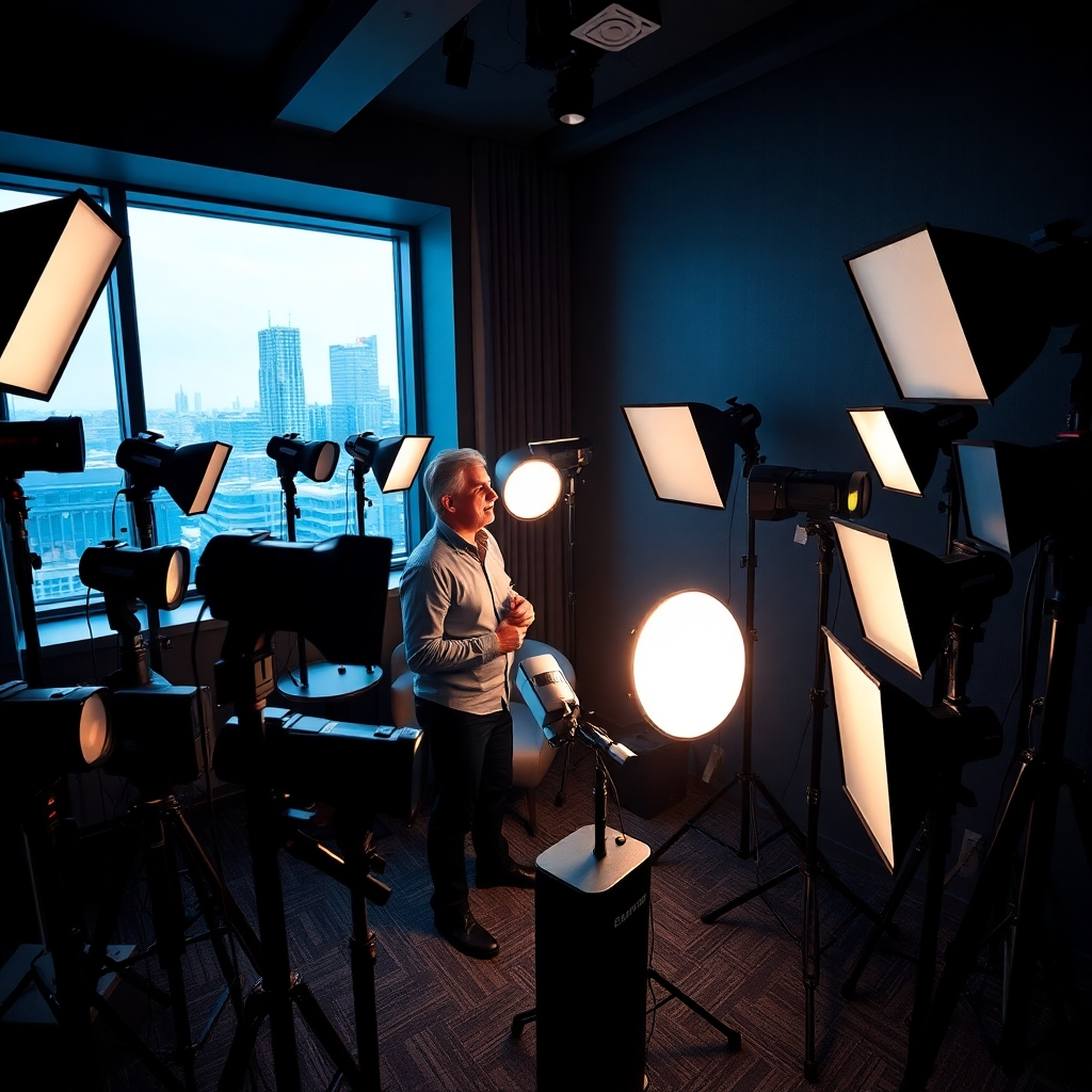 An inviting consultation room filled with various strobe photography equipment, showcasing different models of flash units and light modifiers. An experienced consultant is engaged in conversation with a potential client, while various lighting setups are strategically placed around the room. Dramatic side lighting highlights the outlines of the equipment, creating a striking contrast with the soft ambient background lighting. The color palette incorporates deep blues and grays, establishing a sophisticated and professional mood. The camera angle is eye-level, capturing an intimate yet informative perspective of the exchange. The textures of the diverse materials of light stands and diffusers should be prominently displayed, emphasizing the quality of the gear. A large window with city views provides a contextual backdrop, while detailed labels on equipment help convey knowledge. This image should be ultra-detailed, in 8K resolution, inspired by the dynamic style typical of product photography found in industry magazines.