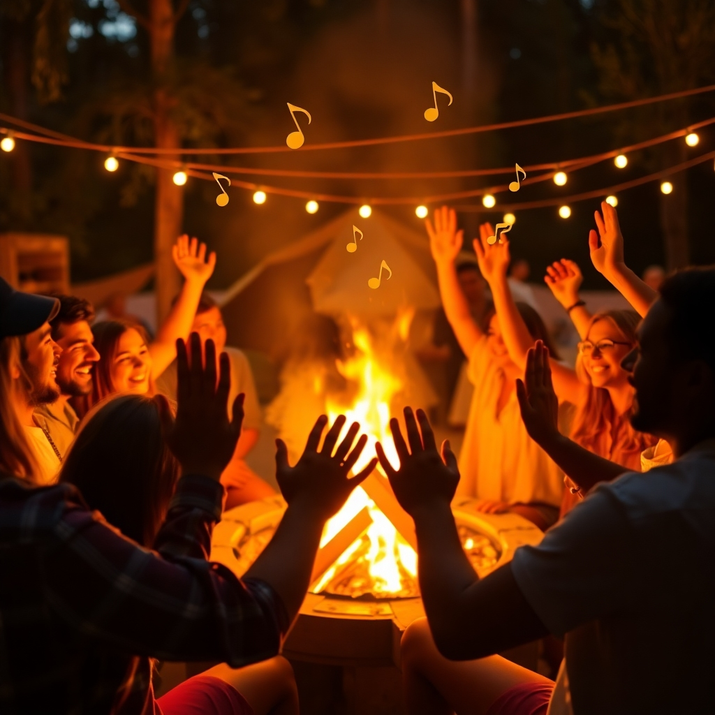 An inviting outdoor party scene where friends gather around a bonfire, with hands raised and smiles all around. Lively music notes float in the air, depicting the atmosphere filled with joy and connection.