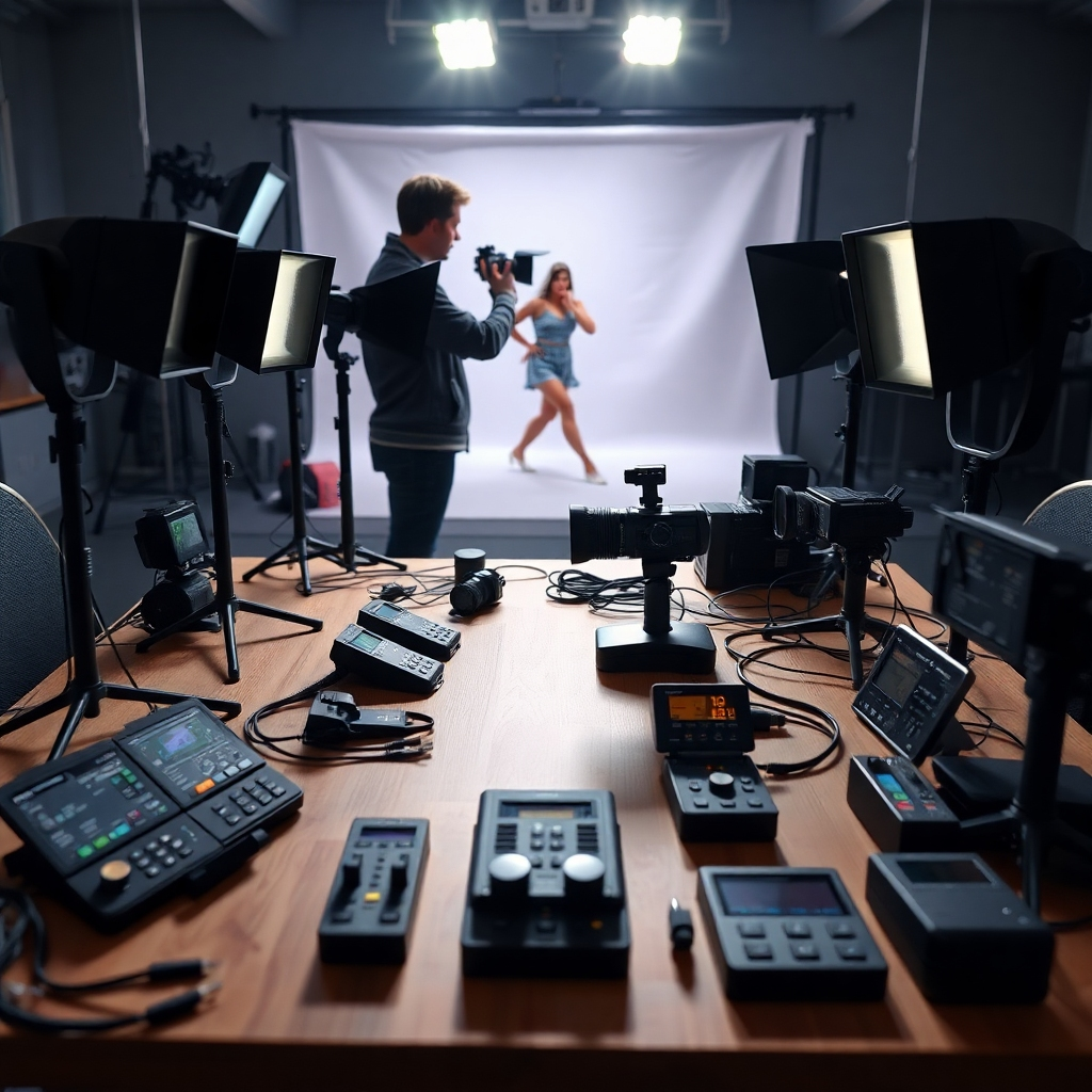An organized table with various strobes, power packs, and control panels, showcasing the settings for each light. The background features a photographer adjusting settings while viewing a model in an action pose to represent speed and control in lighting.