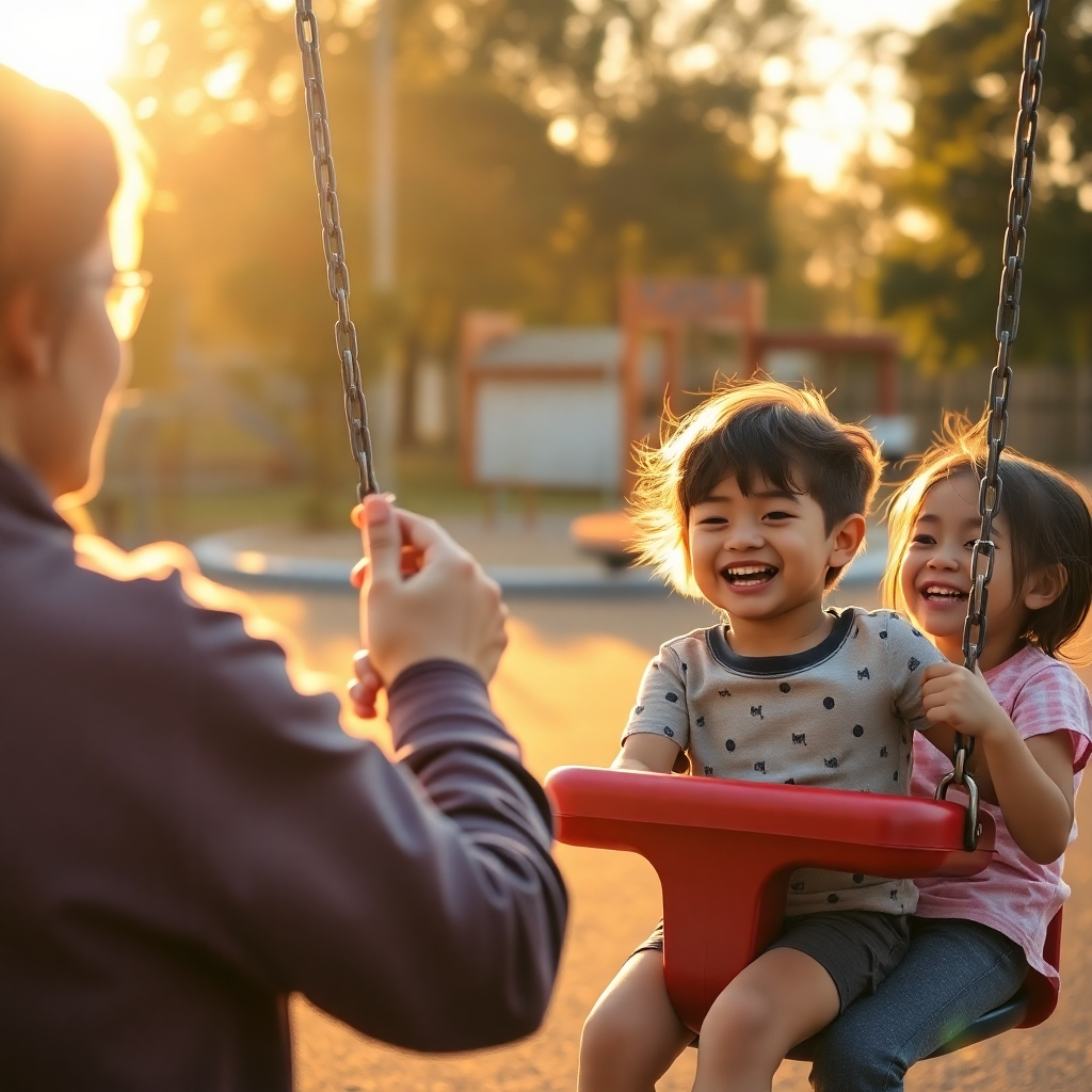 An outdoor playground scene during golden hour, with warm sunlight casting soft shadows. A childcare worker photographically capturing children laughing and playing on swings, with golden light accentuating their smiles.