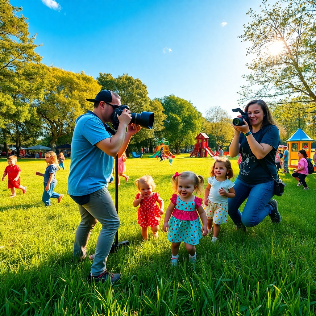 An outdoor scene during a sunny day in a lush park filled with children playing and childcare workers capturing candid moments. The composition includes vibrant colors of green grass, blue sky, and colorful clothing worn by children. Workers are depicted in action, using professional cameras with strobe lighting equipment set up for dynamic portraits of children. The lighting condition shows golden hour light illuminating the scene, enhancing the warmth and joy of the atmosphere. A low angle perspective showcases the engaging nature of the activities, with children in various poses and expressions of joy. Textures like soft grass, warm skin tones, and sparkling sun reflections create an inviting and cheerful environment. The backdrop features trees and playgrounds, adding depth. Captured in ultra-detailed 8K resolution with a focus on lifelike colors to convey a sense of warmth and happiness.